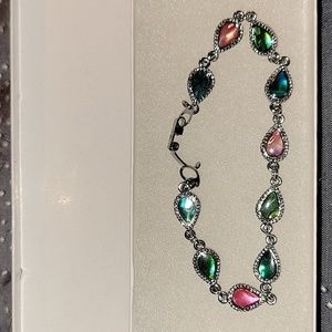 Tear Drop Link Multicolored Abalone Shell 7.5" Silvertone Bracelet, Vintage